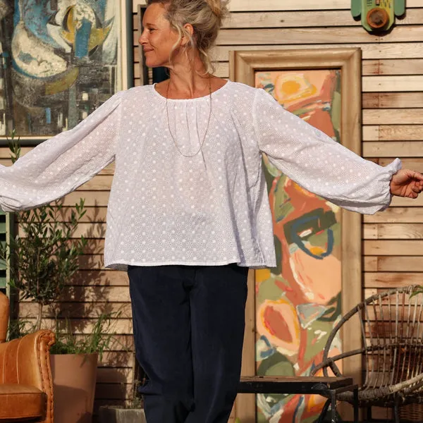 Blouse Séraphine - broderie de coton fleuri blanche