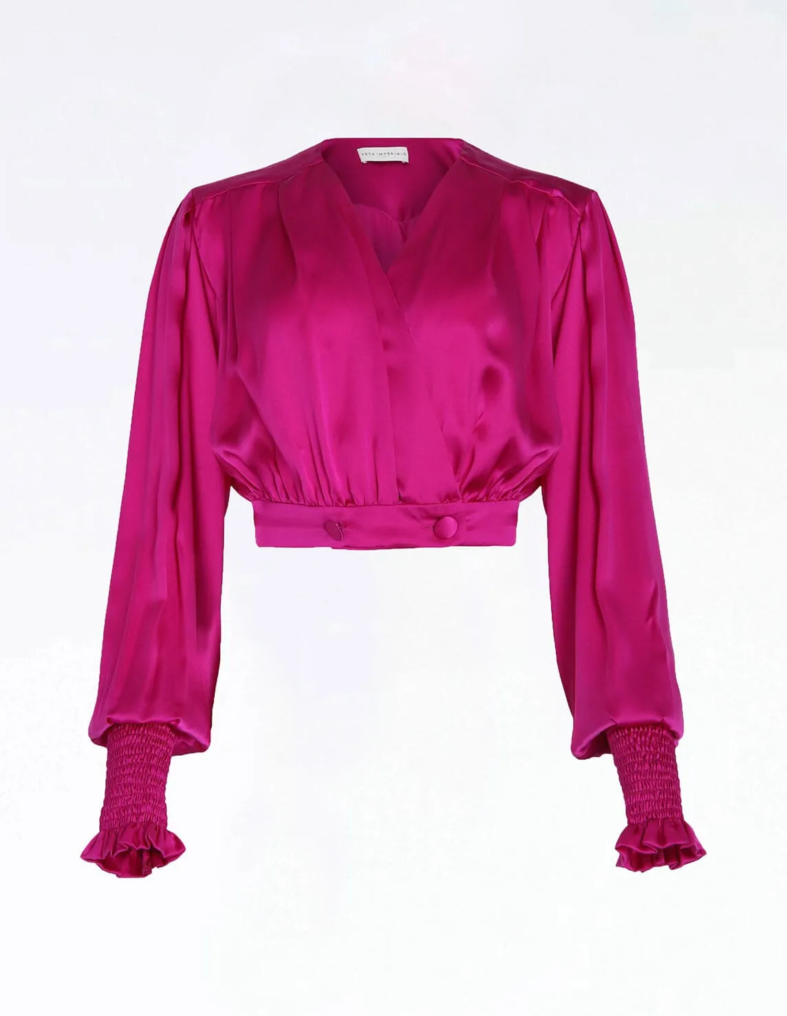 ESA - Blouse cache-cur cropped en satin de soie Fuchsia