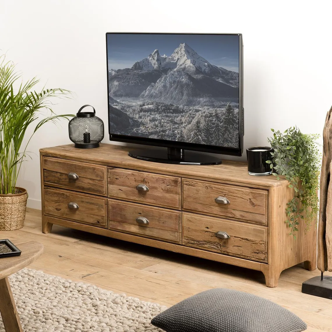 Meuble TV ANDRIAN 6 Tiroirs Bois Pin Recyclé | Meuble TV 3 SUISSES