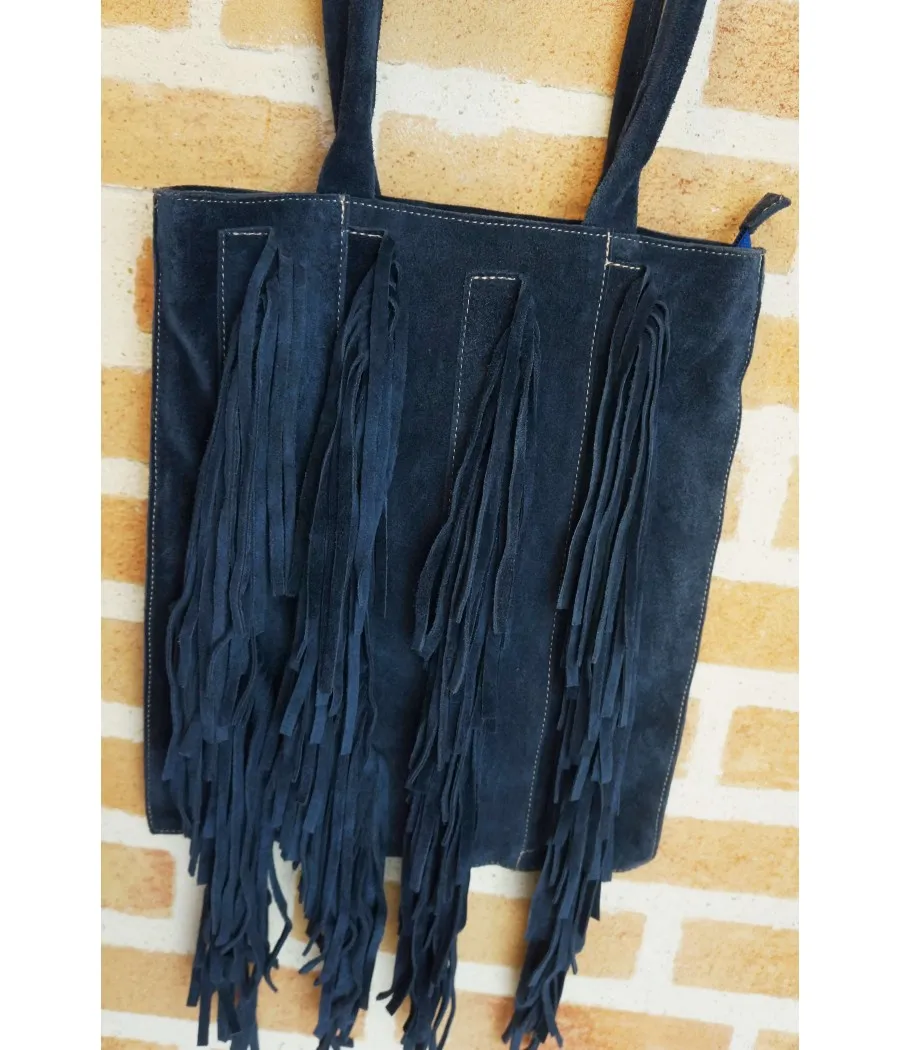 SANTAIA SAC CUIR VACHETTE FRANGES BLEU MARINE FORME PLATE